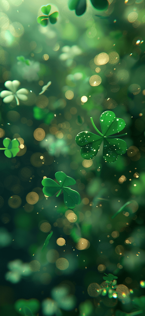 Falling Shamrocks: Several animated shamrocks shimmer or change color as they softly descend the screen, adding a dynamic element.