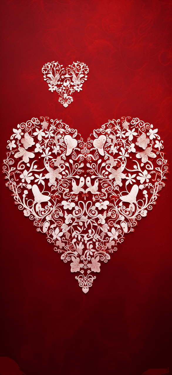 Elegant Lace Hearts Photo: This wallpaper is stylish and classy. Intricate lace hearts in white are set against a deep red background, providing a touch of sophistication and romance to your phone.