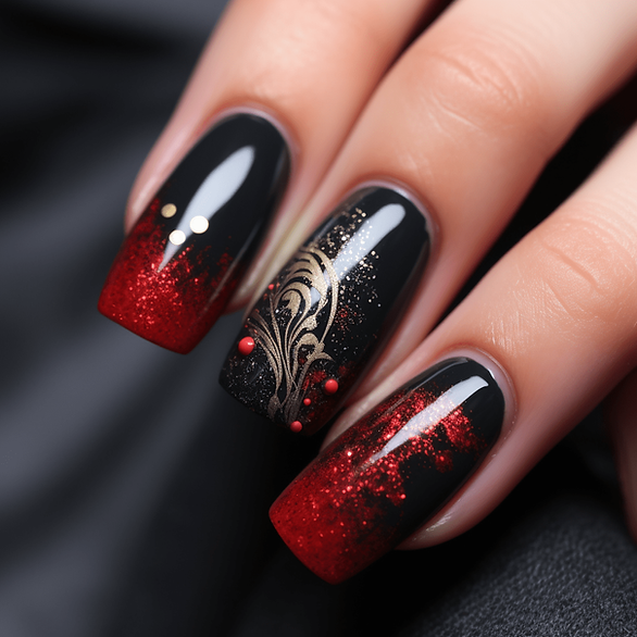 black valentines day nails gold swirl, red accents
