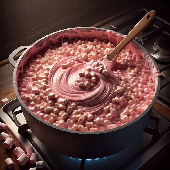 pink melted rice krispies, marshmallows and butter on the stove with a wooden spoon in the pot