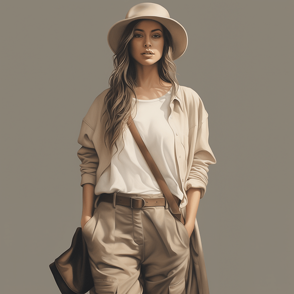 mom outfits - mom with a neutral color outfit on with hat and bag