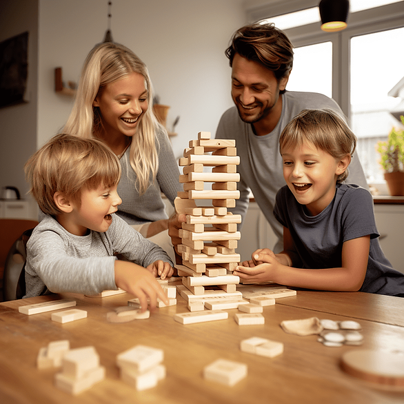 family of four playing Jenga - family bonding board games