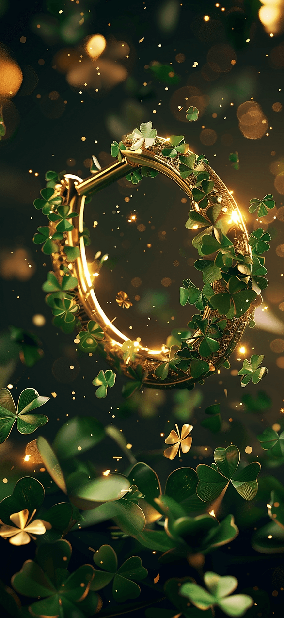 Golden Horseshoe and Four-Leaf Clovers: A sparkling golden horseshoe surrounded by scattered four-leaf clovers, symbolizing luck and good fortune.