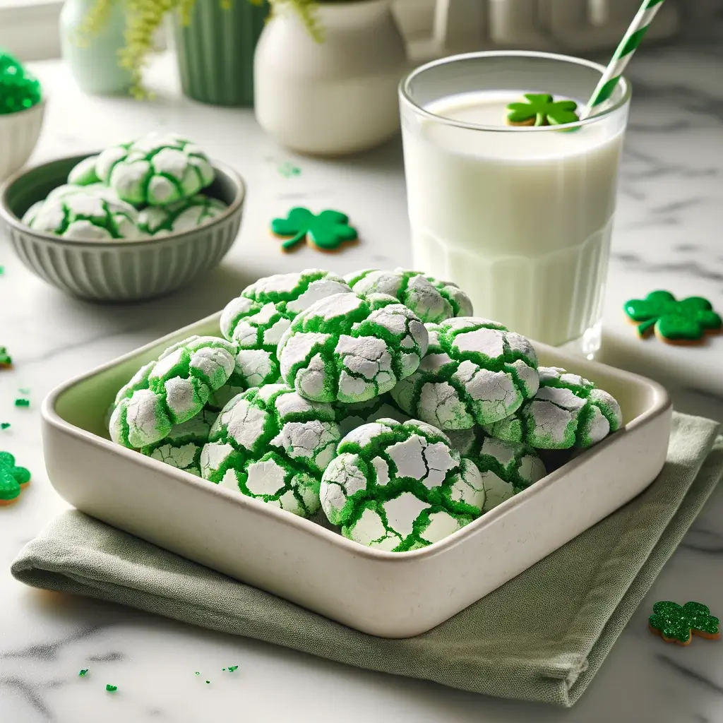 easy st. patrick's day cookies in a bowl, with milk to the side in a glass