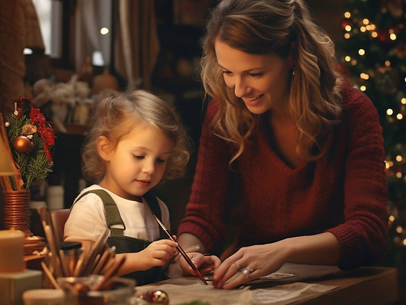 DIY Christmas crafts for toddlers at home - mom and daughter working on a Christmas craft together