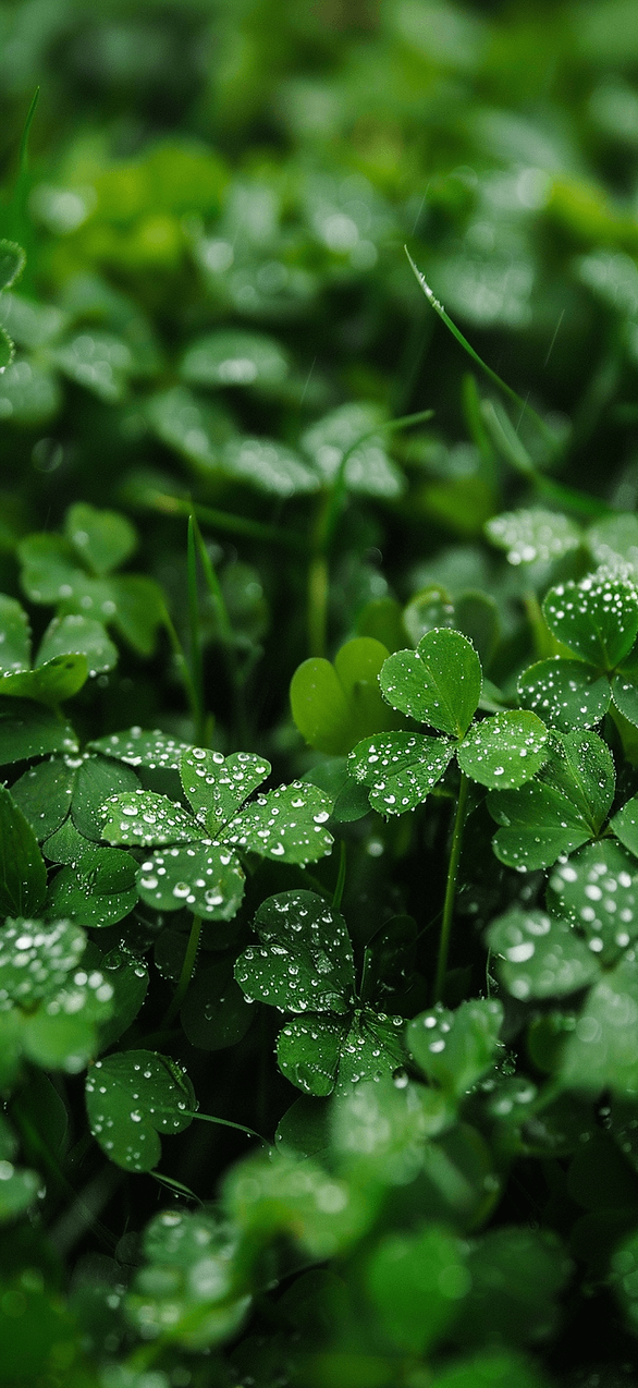 Shamrock Field: A close-up of a field of shamrocks, with dew drops on the leaves, capturing the fresh, natural beauty of Ireland.