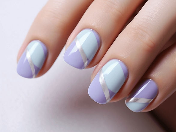 silver, blue and lavender nails in stripe pattern