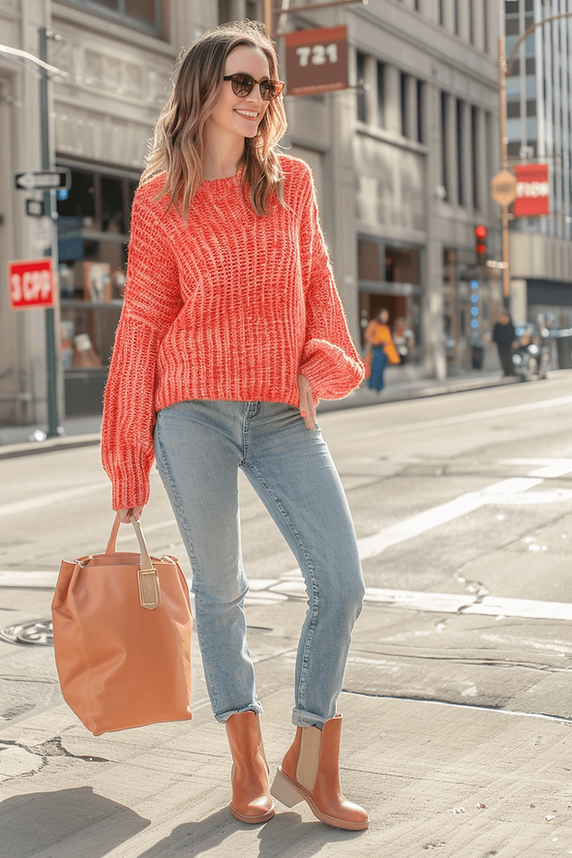 woman on a city street with a coral colored sweater and light wash mom jeans outfit with ankle boots and an oversized peach bag