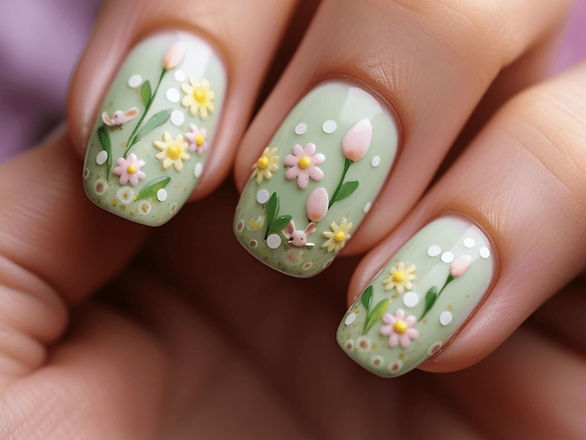 floral Easter nails with light green background on nails