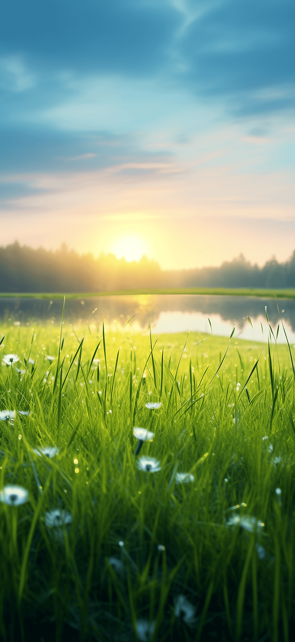 Start your day with the beauty of a sunrise over a green spring meadow. This free wallpaper brings the freshness of early morning light and dewy grass to your screen.