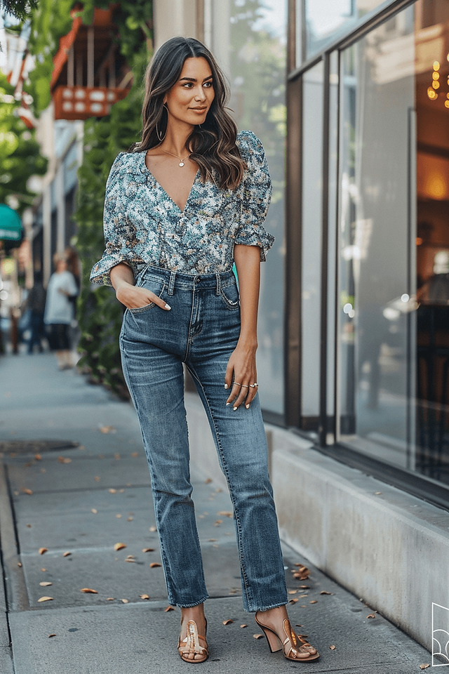 outfit with a floral v-neck top and low heals, the woman is outside on the street.