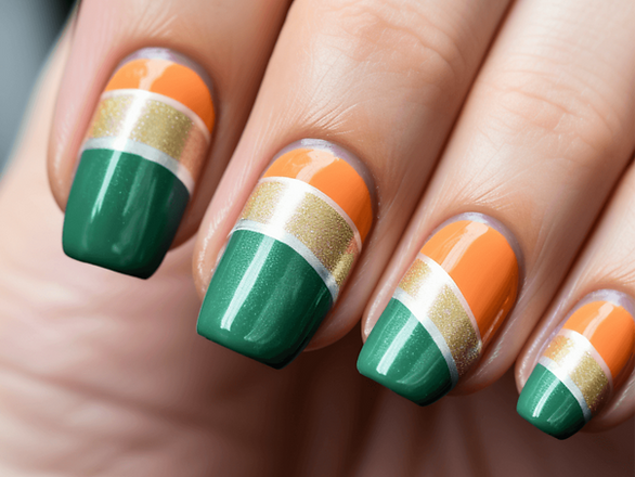 green, white, gold and orange st. patrick's day nails, varying stripe thicknesses