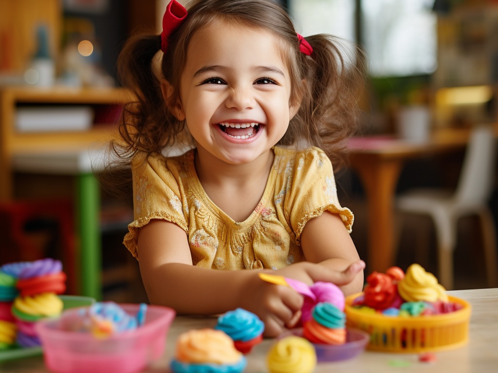 girl smiling with playdough on the table - child development activities by age