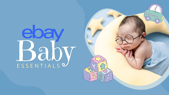 shopping with ebay - baby boy on a yellow boppy pillow with a blue background and the words ebay baby essentials