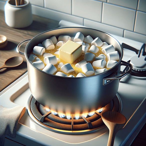 metal pan with marshmallows and butter melting on the stove