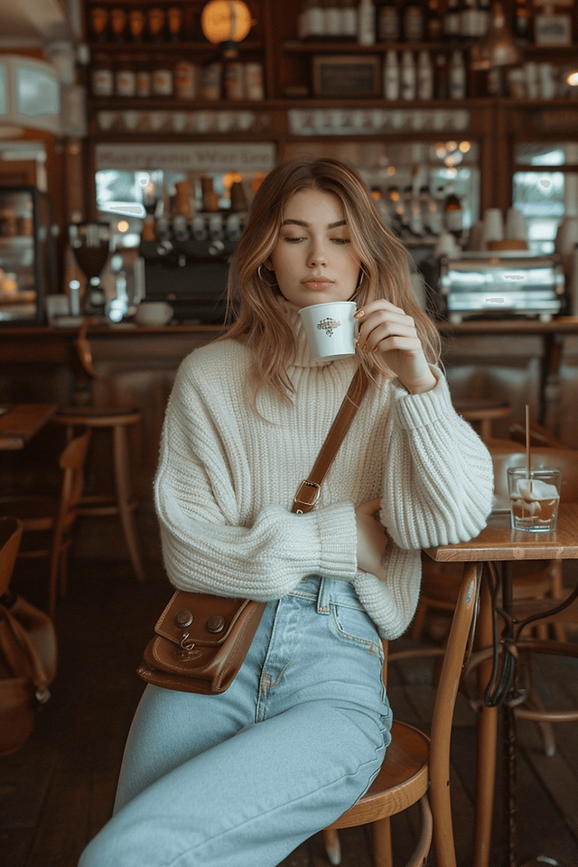 woman sitting in a cafe, drinking a coffee, wearing a light wash mom jeans outfit and a white turtle neck bulky sweater