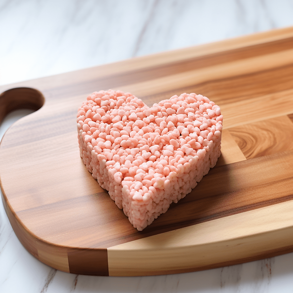 pink heart-shaped strawberry rice krispie treat at a butcher block cutting board