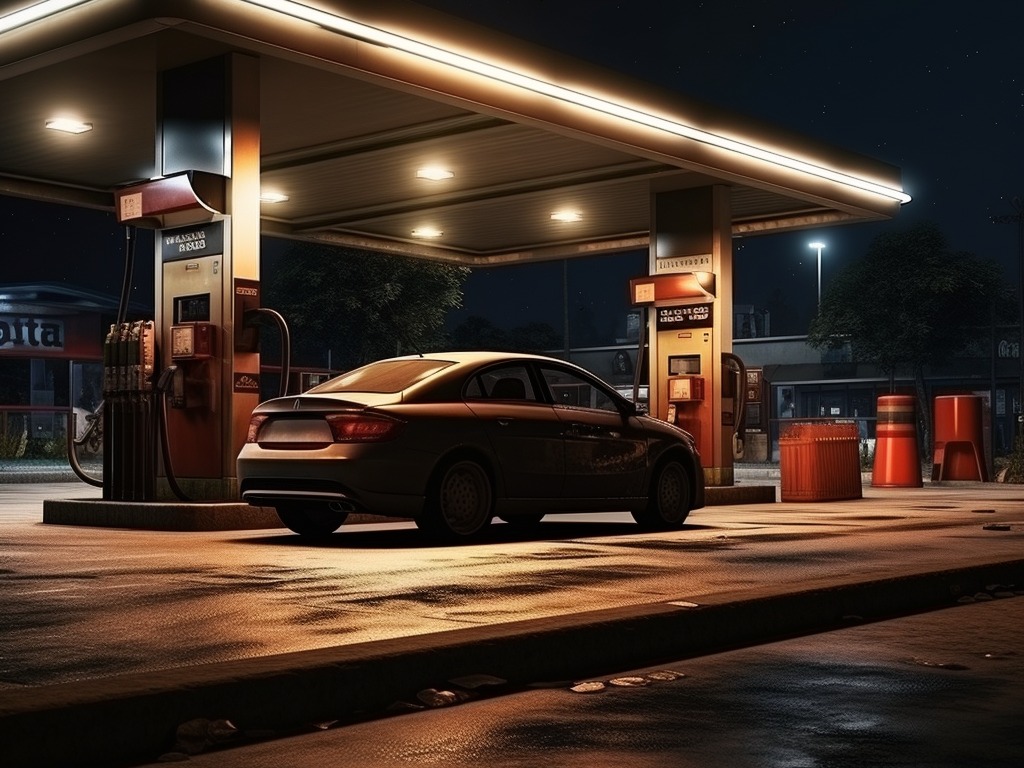 saving gas and money - car at gas station at night