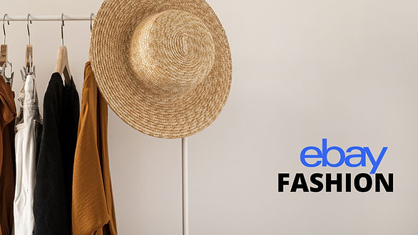 shopping with ebay - ebay fashion text to the right of a clothing rack and hat