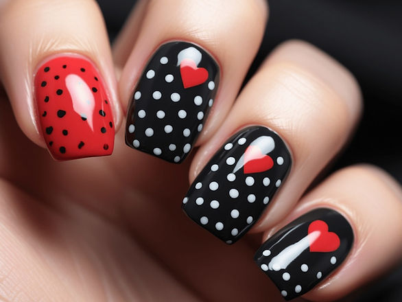 black valentines day nails white polka dots, red hearts, one nail red base, black polka dots