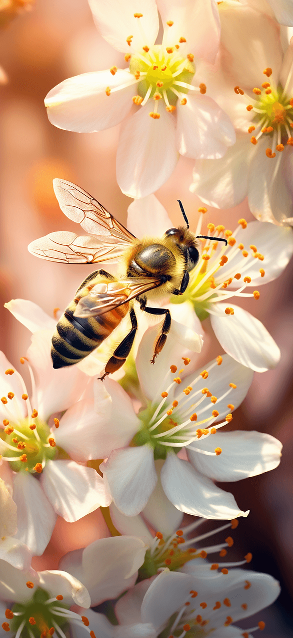 Celebrate the beauty of nature with this close-up of a bee pollinating spring flowers. A free wallpaper that captures the intricate details of nature.