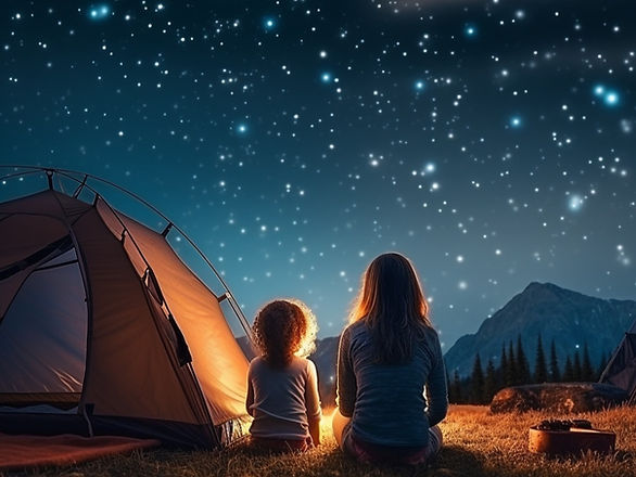 yes day mom - mom and girl outside of a tent with stars