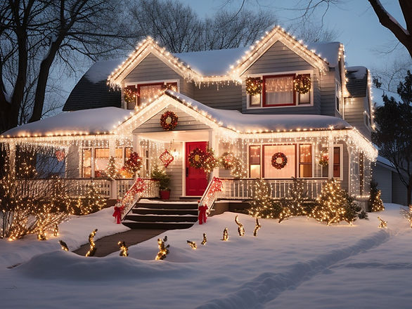 budget-friendly family Christmas traditions - Christmas house decorated with lights