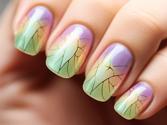 A soft gradient of spring colors as the base, with delicate butterfly wing details on the accent nails, in colors that complement the gradient.