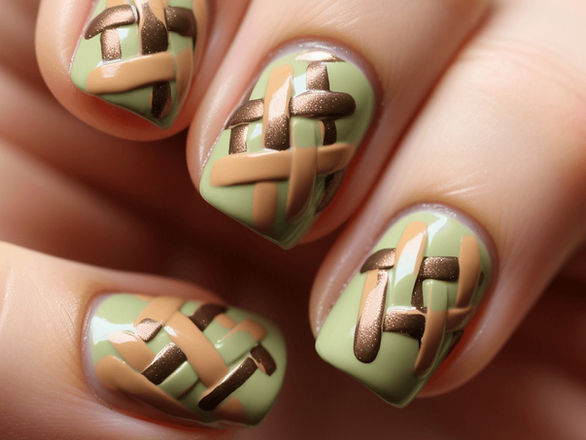 Nails painted to mimic the look of an Easter basket weave in light brown, with one accent nail featuring a small Easter egg design nestled in the weave.
