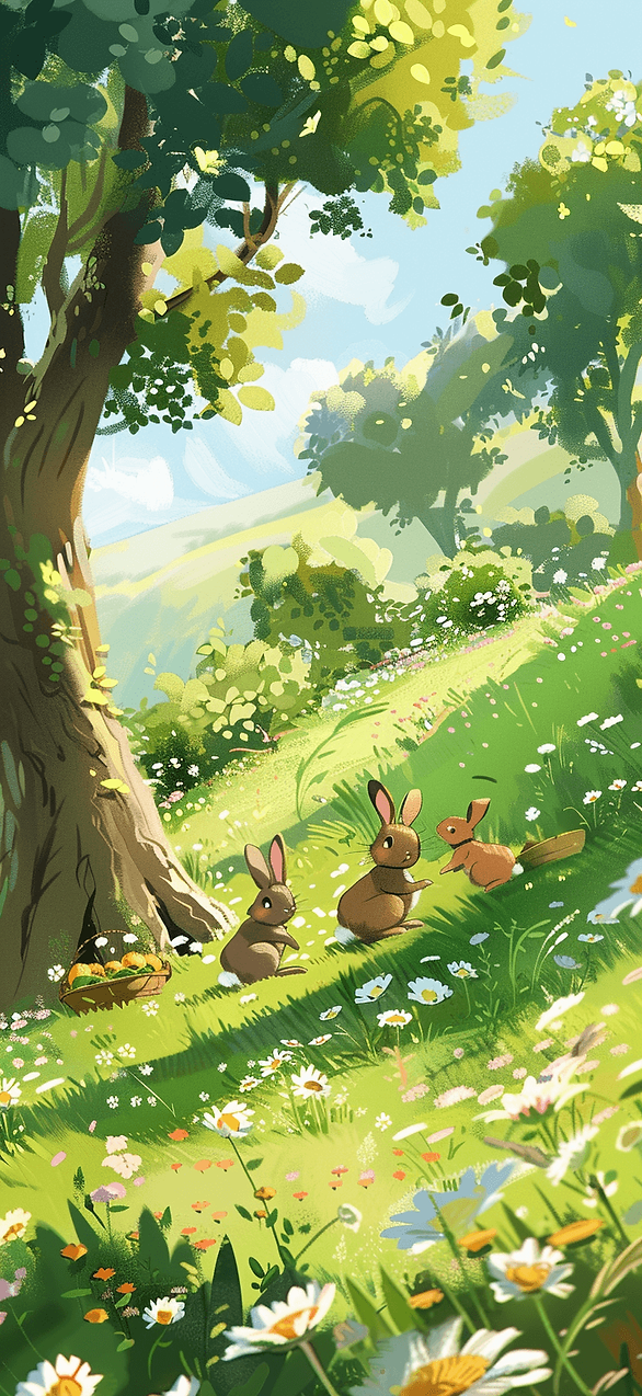 Easter iPhone wallpaper: A whimsical scene with a group of cartoon bunnies having a picnic in a sunny meadow.