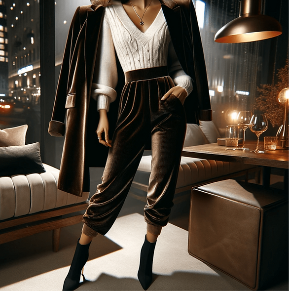 Here's another image showcasing an elegant evening out winter outfit for a woman. This outfit includes a chic velvet or corduroy jumpsuit, paired with a fashionable cropped jacket or sleek blazer, accessorized with heeled ankle boots and simple jewelry. The setting suggests an upscale and trendy evening atmosphere, perfect for an evening out during winter.
