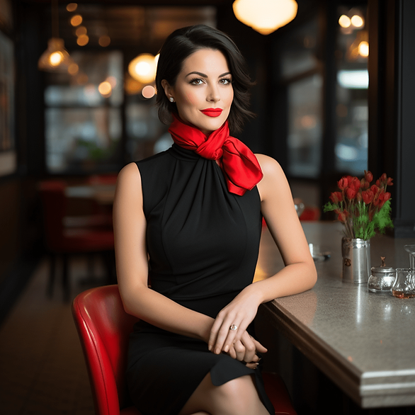 An image of a woman wearing a sophisticated black dress. The dress is knee-length and has a simple, elegant cut. She is accessorizing with a bright red scarf and matching red heels. Her jewelry is minimal, with small stud earrings and a delicate silver bracelet. The setting is a chic urban café with soft lighting and a romantic ambiance. Valentine day outfit ideas. 