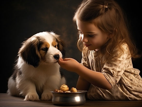 young girl hand feeding a cute puppy