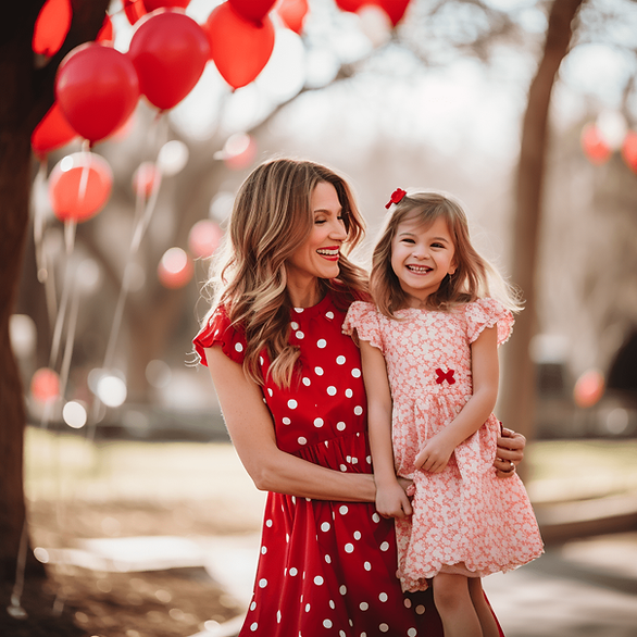 woman with a red and white polka dot dress, and little girl with pink dress, balloons in the background, outside