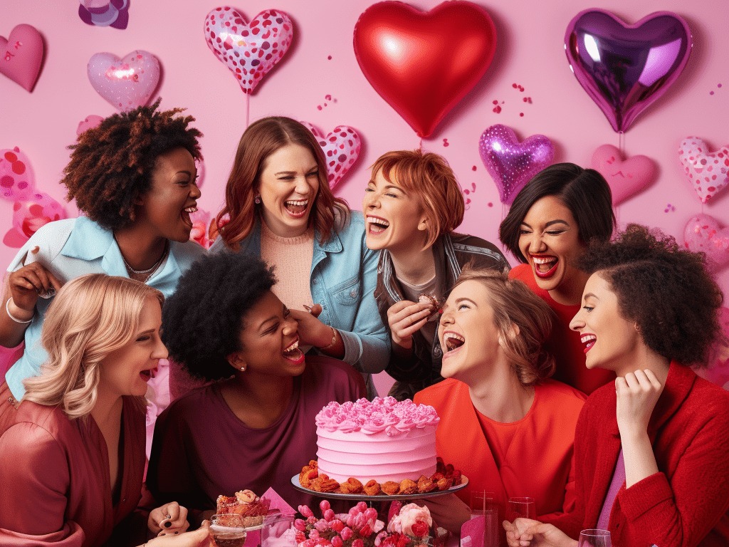 A vibrant and festive scene depicting a group of women celebrating Galentine's Day. The image should convey a sense of joy and friendship, with the women engaged in various activities such as crafting Valentine's Day cards, enjoying a heart-themed movie night, baking heart-shaped treats, and participating in a DIY spa night. The setting is cozy and colorful, filled with decorations like heart-shaped balloons, pink and red streamers, and a table with Valentine-themed snacks and drinks. The atmosphere is warm, inviting, and full of laughter, embodying the spirit of Galentine's Day.