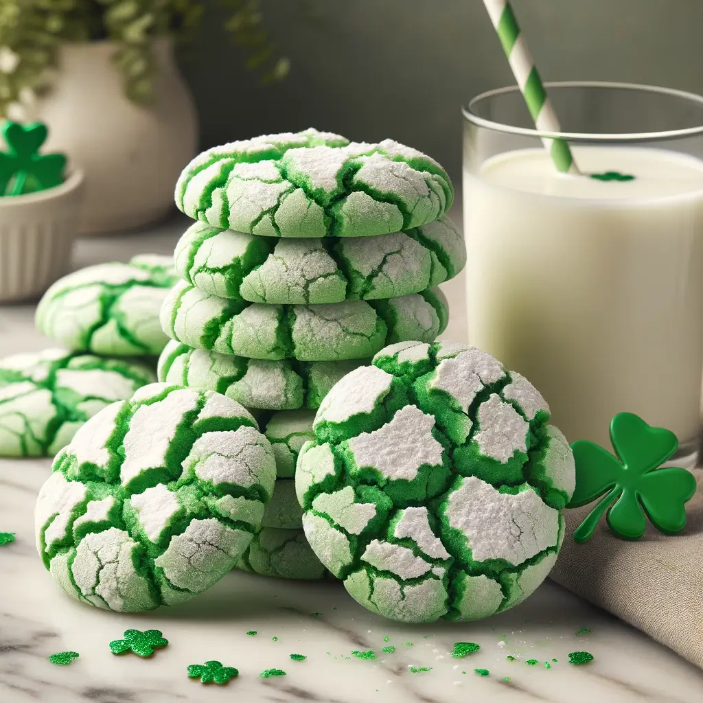 easy st. patrick's day cookies - green and white cookies, and a glass of milk with a green and white straw to the side of the cookies