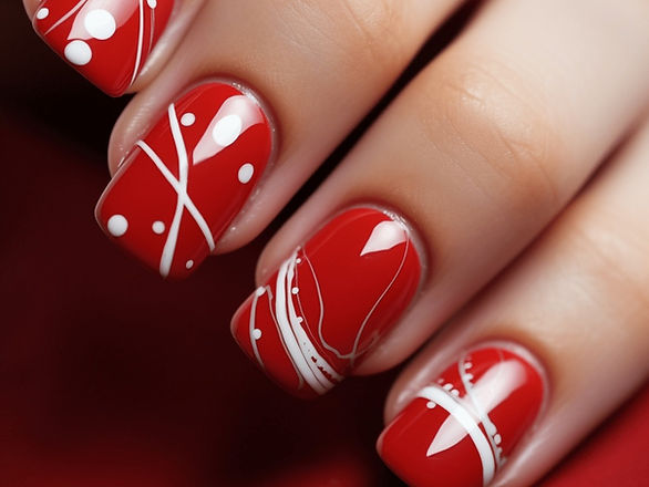 This image presents a hand with nails elegantly painted in a deep, classic red. Complementing this bold color, each nail is adorned with minimalist white art, featuring elements like a thin line, a small dot, or a tiny geometric shape. The combination of the vibrant red with these subtle, artistic white details creates a sophisticated and stylish look. This nail design is a testament to understated creativity, ideal for those who value a refined approach to nail art. The simplicity of the white accents against the rich red backdrop offers a chic and modern aesthetic, perfect for various occasions.