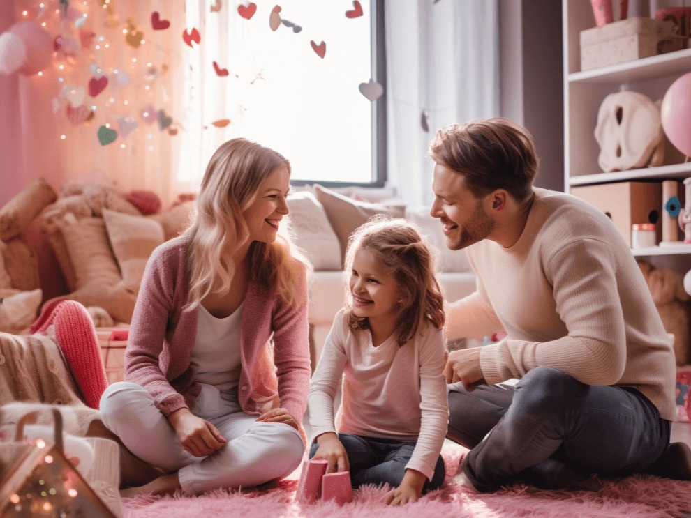 Imagine a cozy living room scene on Valentine's Day, warmly lit with a soft, inviting glow. In the center, a family is engaged in Valentine's Day activities. The mom and two kids, a boy and a girl aged between 6 and 10, are sitting on a fluffy, colorful rug on the floor. They are surrounded by craft supplies, including red, pink, and white paper, scissors, glue, and markers, all spread out around them. They're laughing and making handmade Valentine's cards, with a few finished cards displaying cute, childlike drawings and heartfelt messages already lying nearby. In the background, a small table is set up with homemade heart-shaped cookies and a jug of pink lemonade, adding to the festive atmosphere. The room is decorated with homemade Valentine's decorations, like paper heart garlands and a 'Happy Valentine's Day' banner. The scene is full of life, love, and the simple joys of family time, reflecting the warmth and happiness of celebrating Valentine's Day at home.