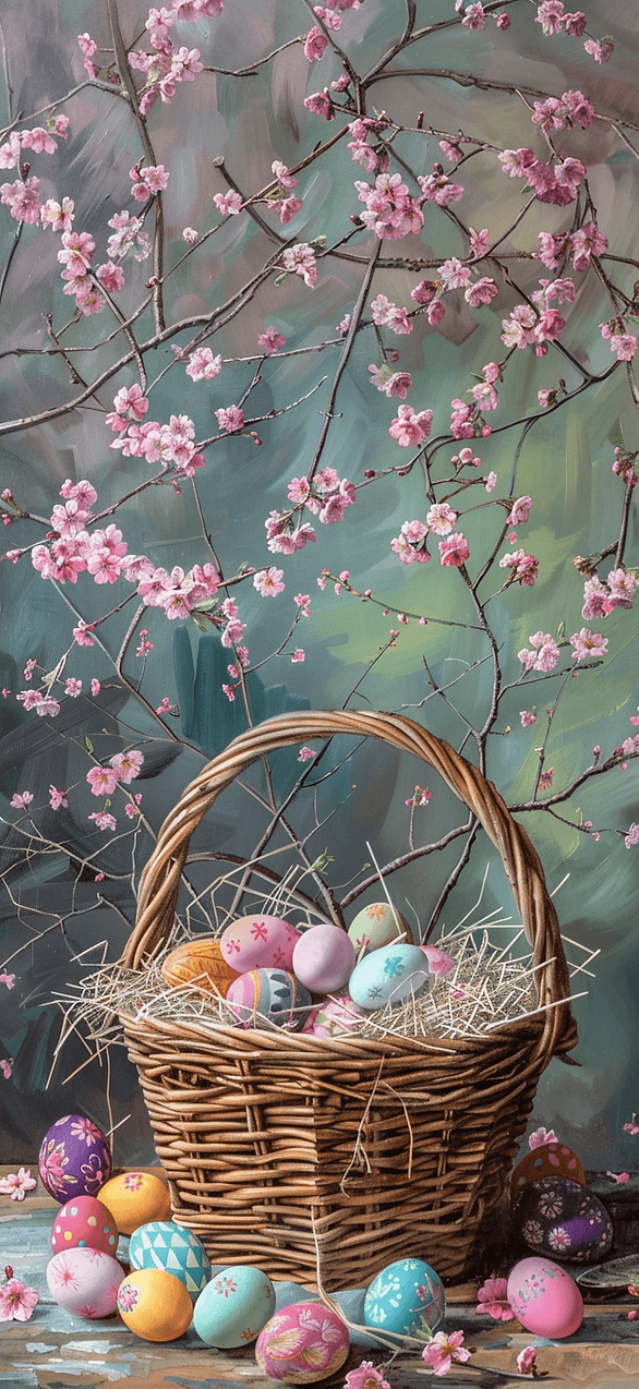 Easter iPhone wallpaper: A sophisticated Easter basket encircled by cherry blossoms and brimming with multicolored eggs.