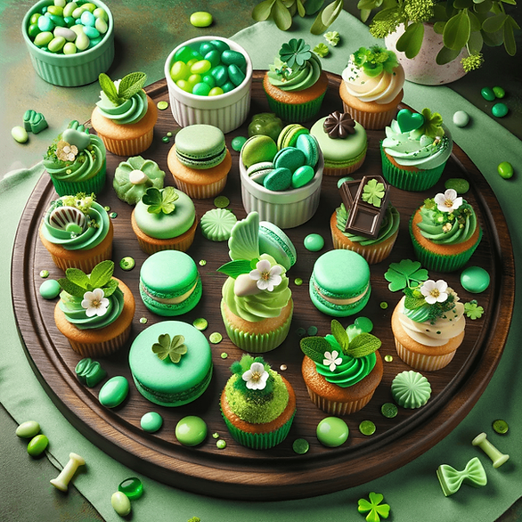 Sweet Lovers Board: Ideal for those with a sweet tooth, this board features green frosted cupcakes, mint chocolate, green macarons, and pistachio desserts. Green candies and chocolate coins add a whimsical touch, all set against a decorative green cloth.