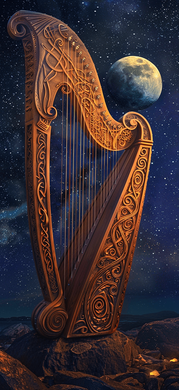 Celtic Harp under Moonlight: An elegantly carved Celtic harp illuminated by soft moonlight, set against a backdrop of a starry night sky.