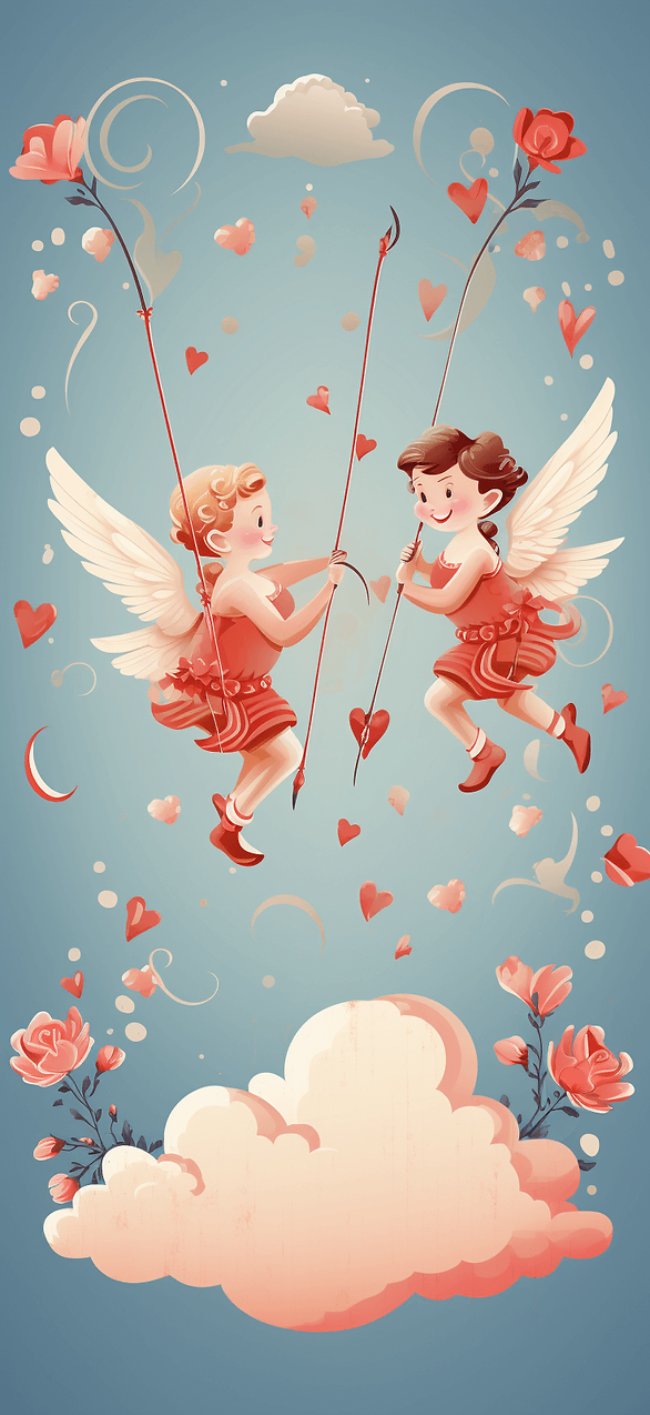 Playful Cupids Photo: A whimsical and charming wallpaper design. It shows cartoon-style cupids flying joyfully among fluffy clouds, playfully shooting arrows of love, perfect for a light-hearted Valentine's mood.