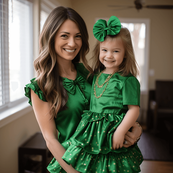 mommy and me green dresses, little girl has a bow