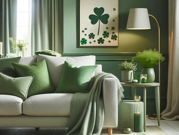 Here is an image of a stylish living room with subtle St. Patrick's Day decorations. The scene features a sofa adorned with tasteful green throw pillows and a soft green throw blanket, adding just a hint of color. 