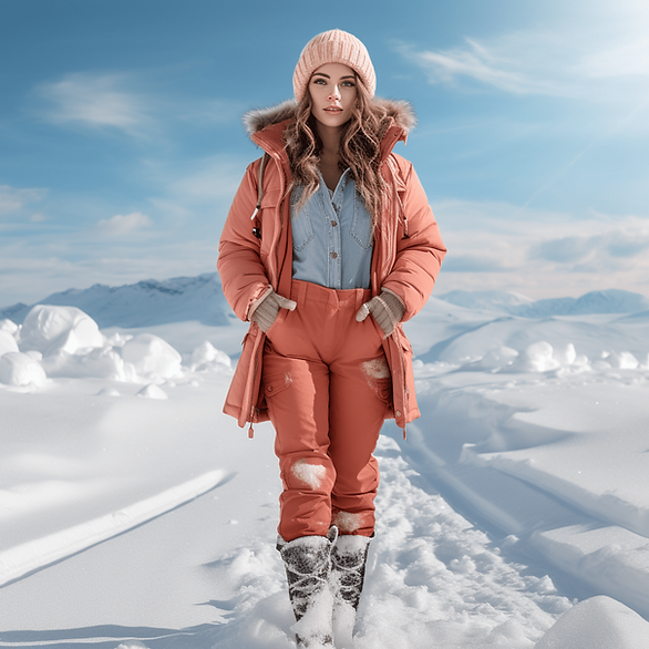 winter outfit for mom, peach ski clothes and boots