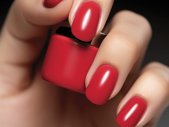 red nails with nail polish bottle