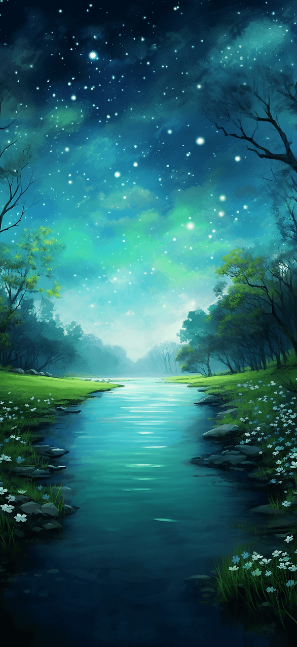 Combine the beauty of spring with the cosmos in this unique wallpaper, portraying a spring landscape at night under a star-filled sky.