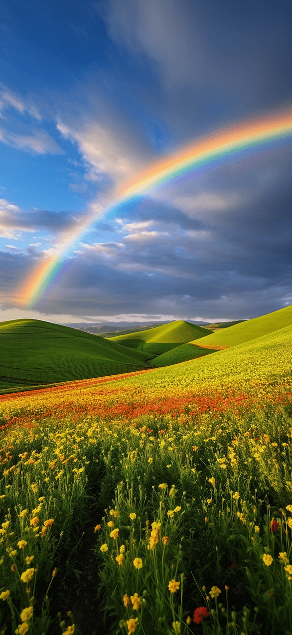 Brighten your screen with a vibrant rainbow arching over spring hills dotted with flowers. A colorful and uplifting free wallpaper.