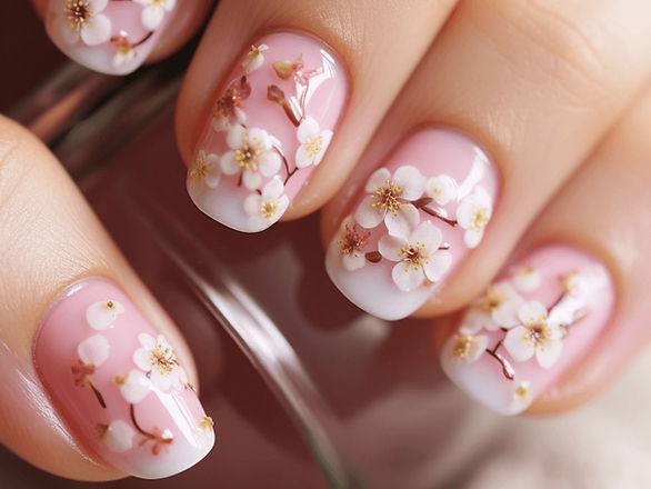 floral nail design on a pink french manicure