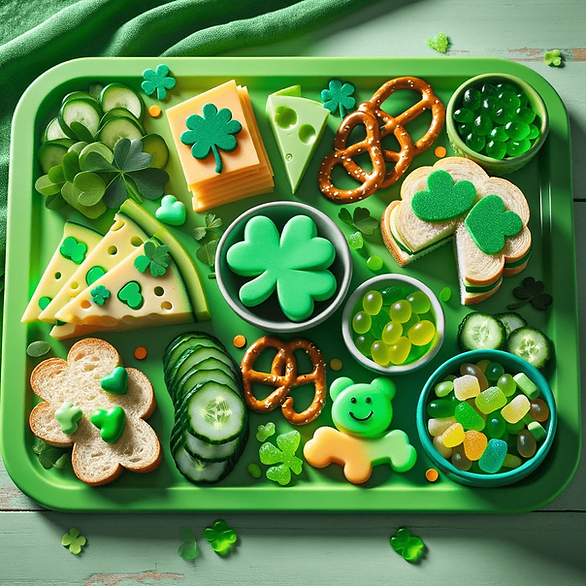 Kid-Friendly Playful Board: This colorful and engaging board is great for kids. It includes green-colored cheese shapes, shamrock-shaped sandwiches, and small bowls of green jelly beans and gummy bears. There are also pretzel sticks and cucumber and green bell pepper slices cut into fun shapes, presented on a bright green plastic tray.